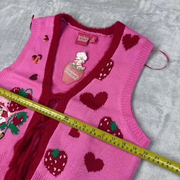 NWT Strawberry Shortcake Knit Vest Pink Y2K Heart Valentine Girlhood Wmns Size L - Picture 5 of 6